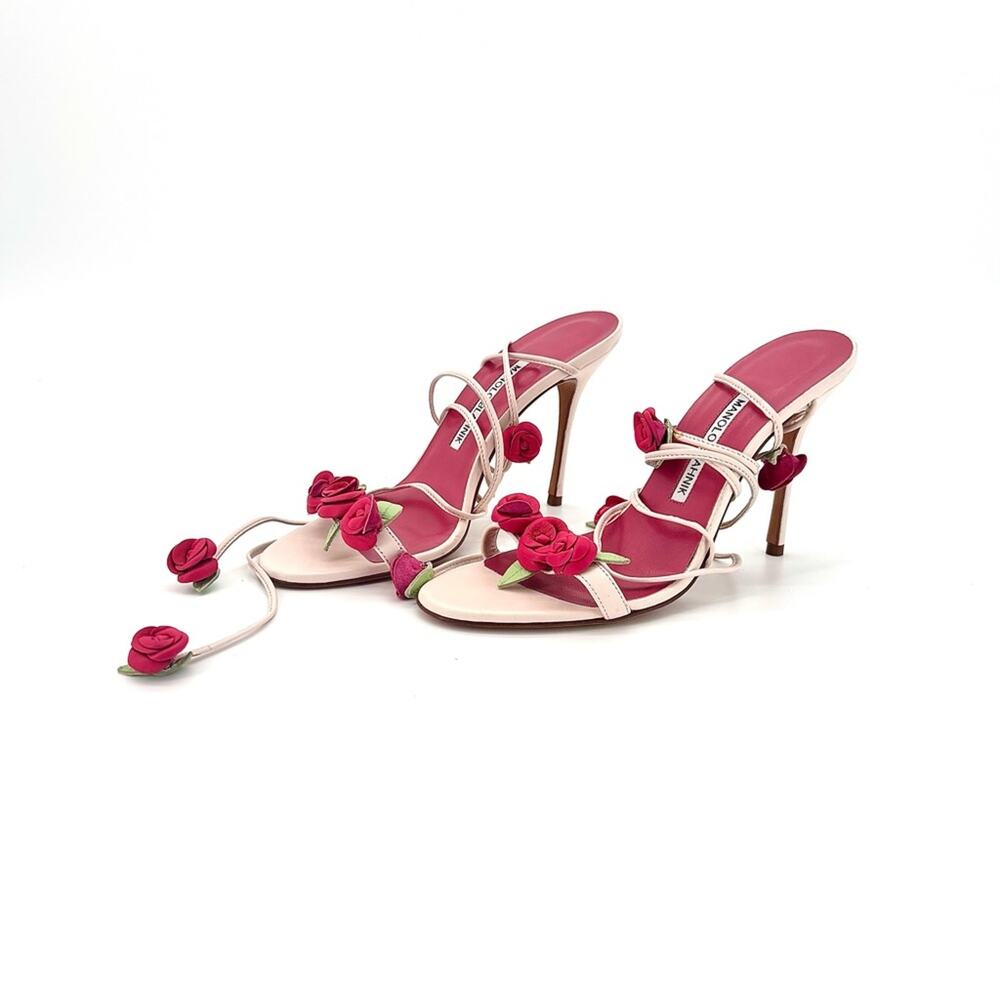 Manolo Blahnik Spring 2016 Xafiore Rose Ankle Strap Sandals 37